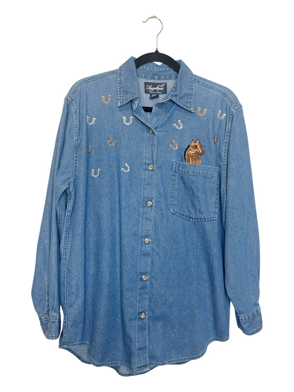 Equestrian Horse Horseshoe Embroidered Button Down 100% Cotton denim shirt